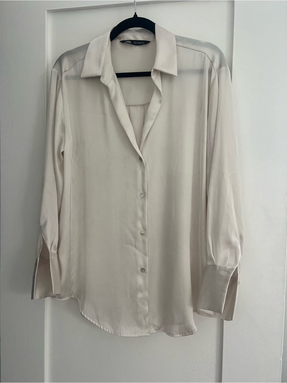 Zara Classic Silk-Feel Cream Button-Down Blouse